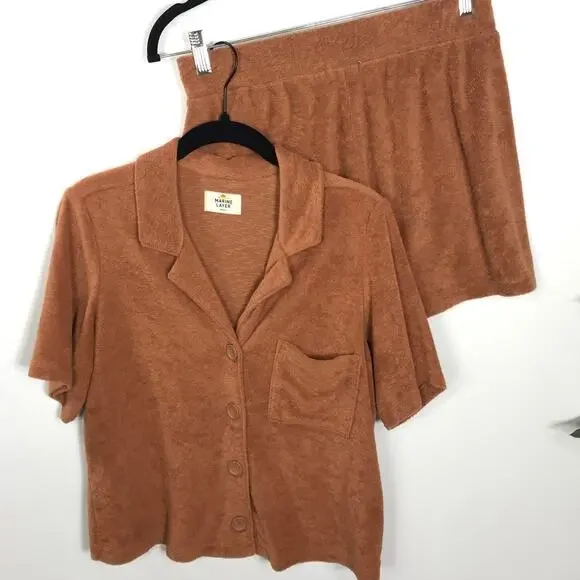 Marine Layer Set Women's Terry Out Resort Top Shorts Brown Casual Relaxed Vaca - Picture 2 of 16